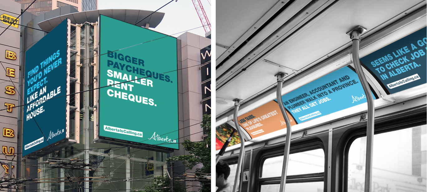 Alberta is Calling campaign on billboards and in-bus advertising